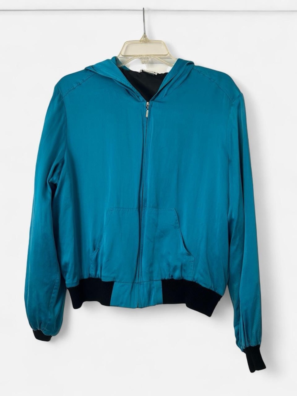 Awesome 1990s Allison Taylor blue silk zip up jacket with black trim